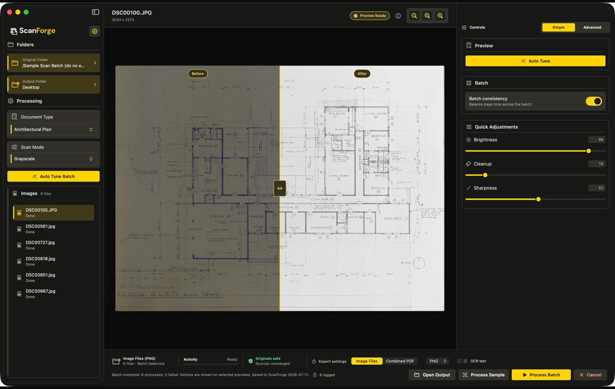 ScanForge with a six-file source folder selected and a split before-and-after preview ready