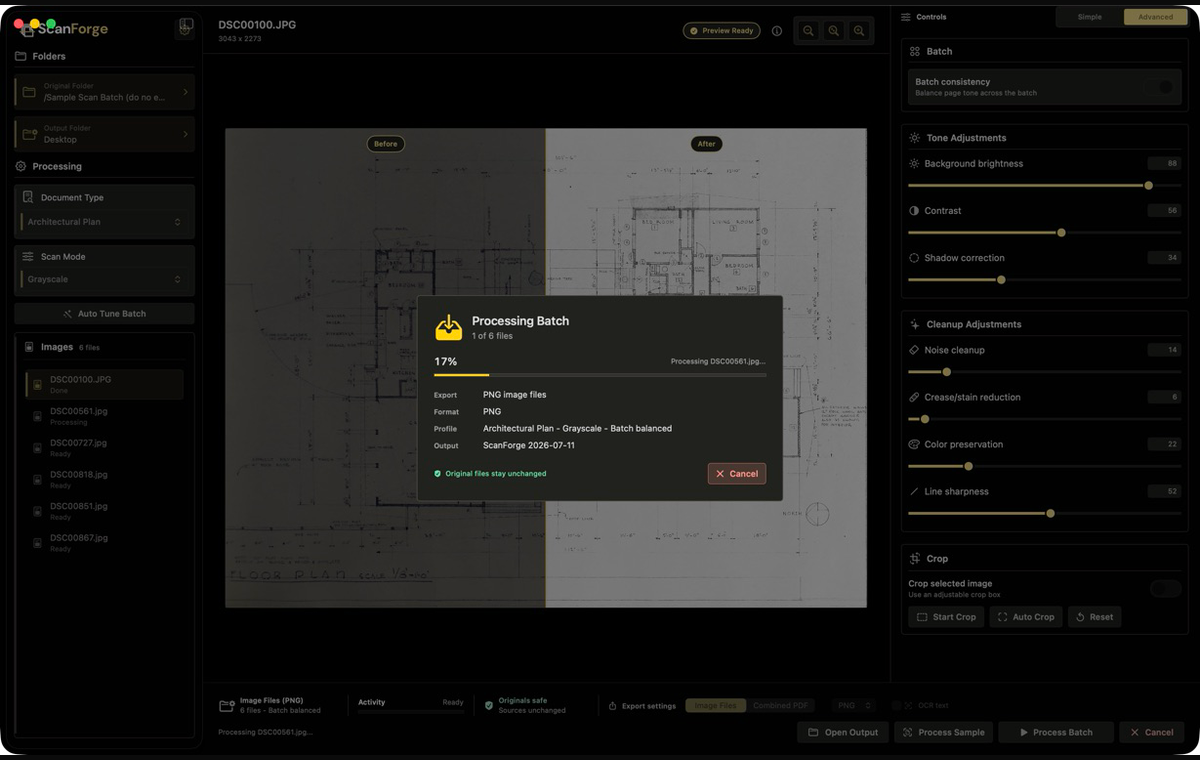 ScanForge processing dialog showing batch progress and confirmation that original files stay unchanged
